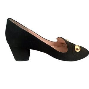 Kate Spade NY Middleton Suede Block Heel Pumps Gold Buttons Preppy Old Money